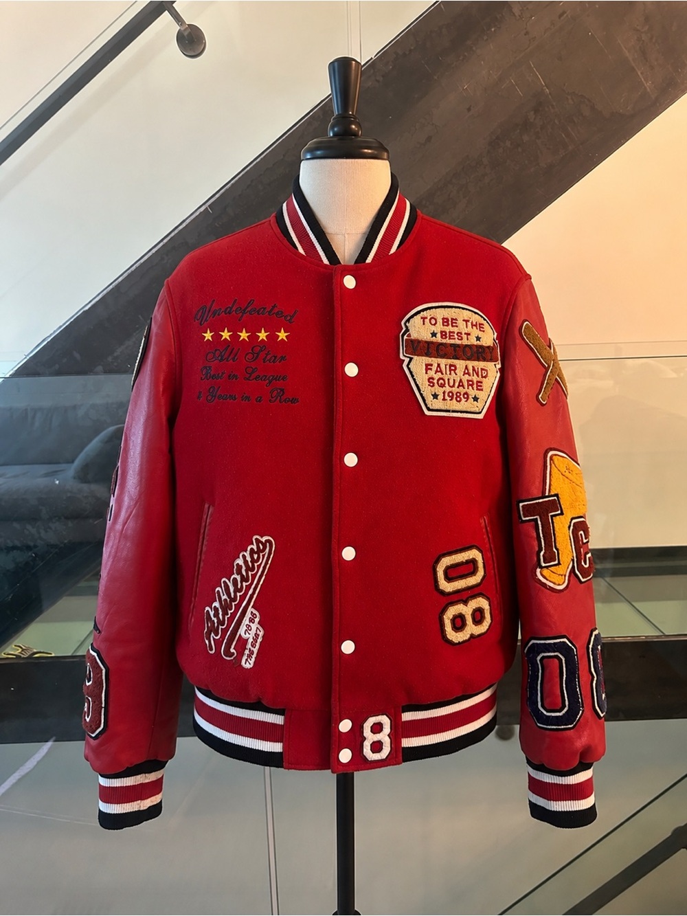 Robert Phillpe Red Embroidered Varsity Bomber Jacket with Patch Details